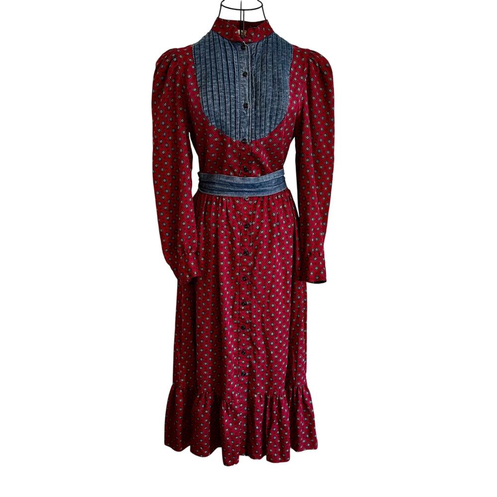 Vintage 80's Nina Piccalino Paisley Denim Rockabilly Western Maxi Dress Prairie